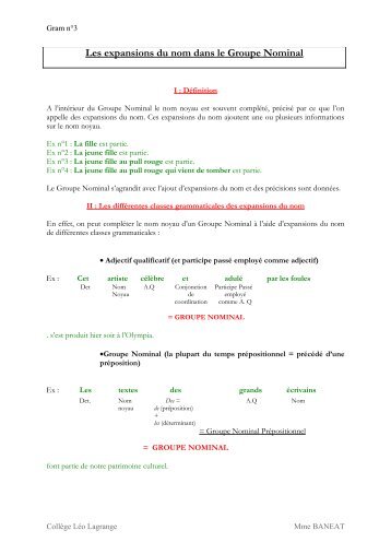 Fiche 4 : Grammaire les expansions du nom dans le groupe nominal