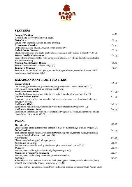 Dinner Menu Rowan Tree Cafe Bar