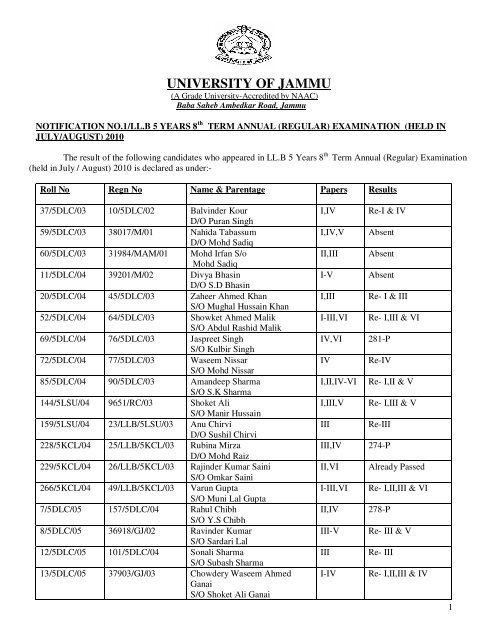 CONTROLLER OF EXAMINATIONS - University of Jammu