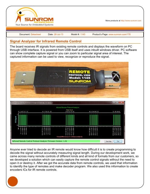 Signal Analyzer for Infrared Remote Control Features - Sunrom ...