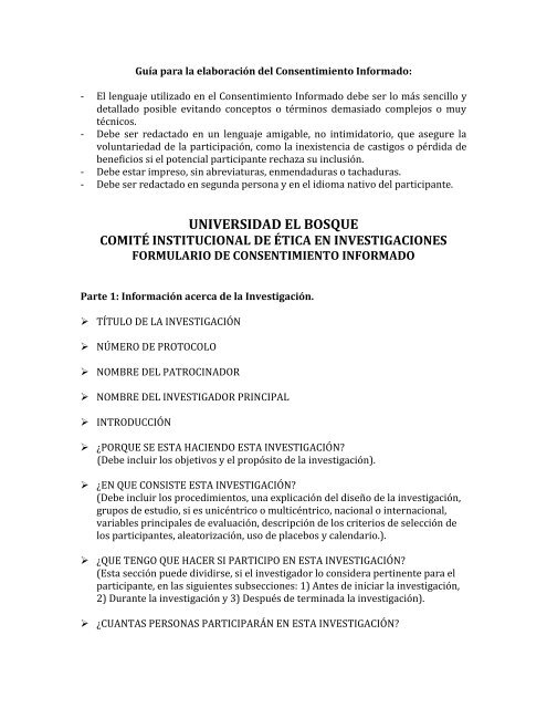 Formato de consentimiento informado - Universidad El Bosque