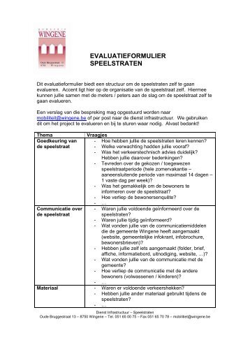 EVALUATIEFORMULIER SPEELSTRATEN - Gemeente Wingene