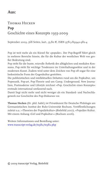 Thomas Hecken Pop Geschichte eines Konzepts 1955-2009