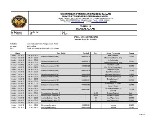 JADWAL UJIAN - Jurusan Matematika UNNES