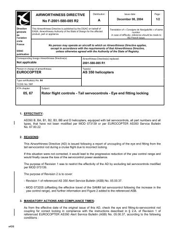 AIRWORTHINESS DIRECTIVE No F-2001-580-085 R2 A ...