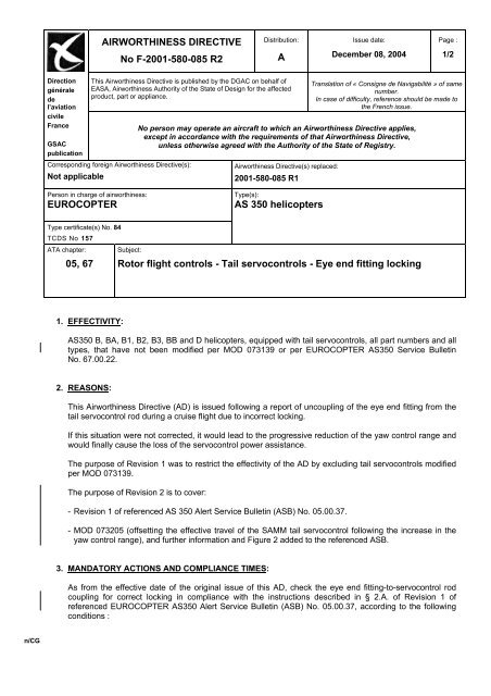 aara(非常時） AIRWORTHINESS DIRECTIVE No F-2001-580-085 R2 A