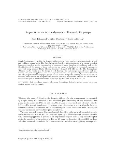 Simple formulas for the dynamic stiffness of pile groups - Laboratoire ...