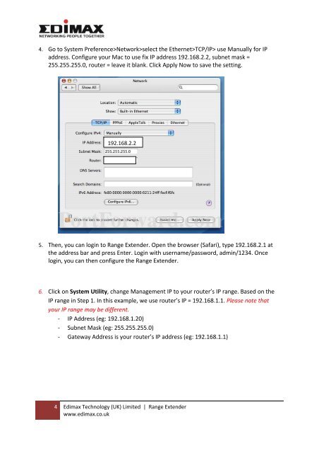 How to setup Edimax Range Extender in Mac to use a fix IP address ...