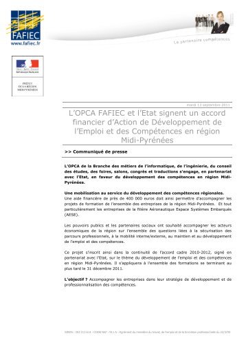 L'OPCA FAFIEC et l'Etat signent un accord financier d'Action de ...