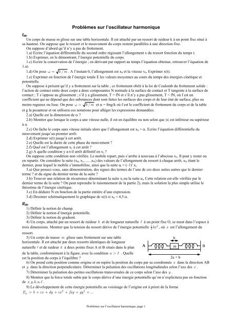 ProblÃ¨mes sur l'oscillateur harmonique