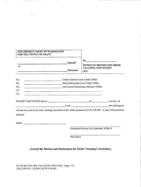 Notice, Motion, Order for Vacating Conviction - Grant County ...