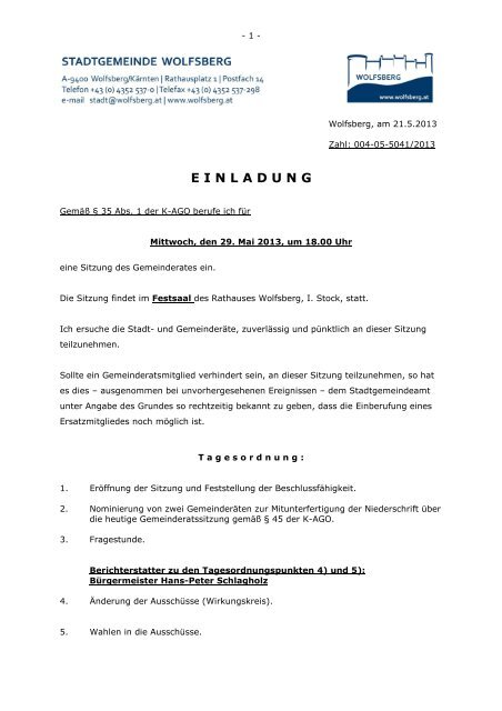 Einladung zur Gemeinderats- sitzung 29.05 - Wolfsberg