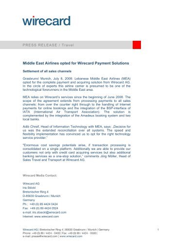 Middle East Airlines opted for Wirecard Payment Solutions