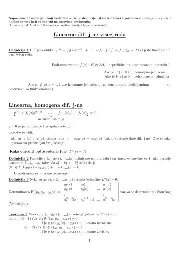 Linearne dif. j-ne viÅ¡eg reda Linearna, homogena dif. j ... - Matematika