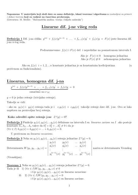 Linearne dif. j-ne viÅ¡eg reda Linearna, homogena dif. j ... - Matematika