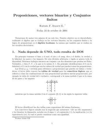 Proposiciones, vectores binarios y Conjuntos finitos - Escuela de ...