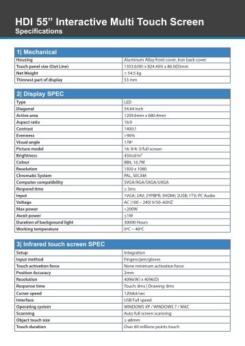 HDI 55â Interactive Multi Touch Screen Specifications