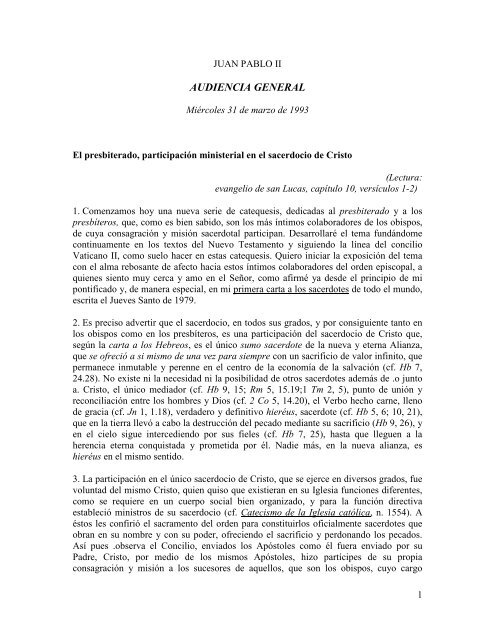 Catequesis de Juan Pablo II sobre el sacerdocio - amoz.com.mx