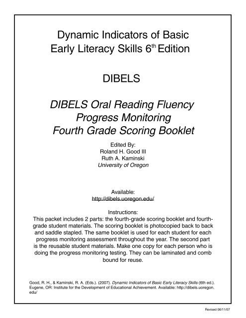 Dynamic Indicators of Basic Early Literacy Skills 6th Edition DIBELS ...