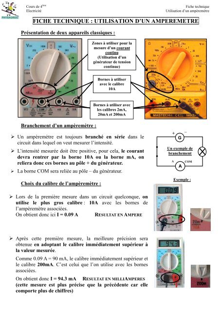 fiche technique : utilisation d'un amperemetre - Physagreg