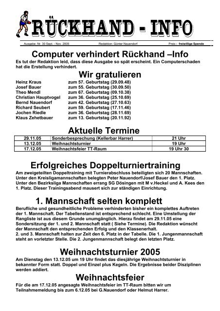 Computer verhindert Rückhand –Info Wir gratulieren Aktuelle ...