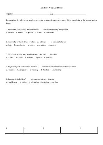 Academic Word List 10 Test å­¦ç±çªå· æ°å For questions 1-5 ...