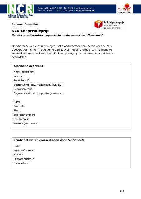 Aanmeldformulier NCR CoÃ¶peratieprijs