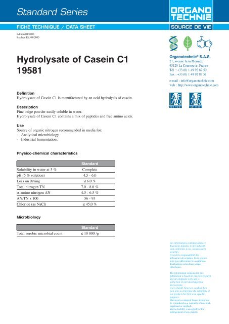Standard Series Hydrolysate of Casein C1 19581 - TekniScience.com