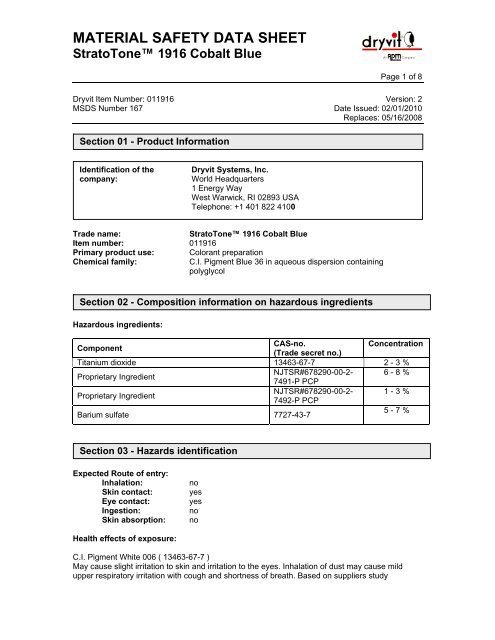 MATERIAL SAFETY DATA SHEET StratoTone™ 1916 ... - Dryvit