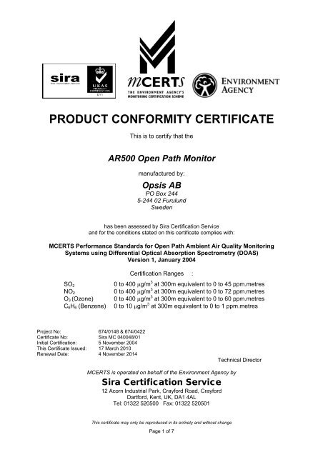 PRODUCT CONFORMITY CERTIFICATE - Sira Environmental