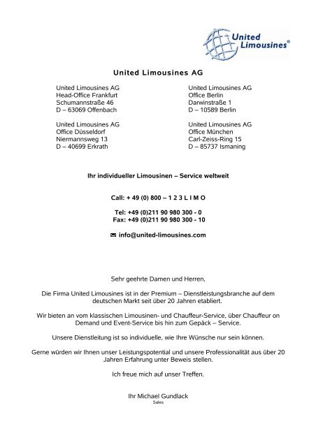 United Limousines AG - Comfort Aviation