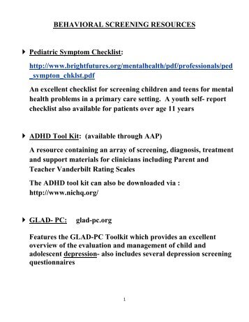 BEHAVIORAL SCREENING RESOURCES Pediatric Symptom ...