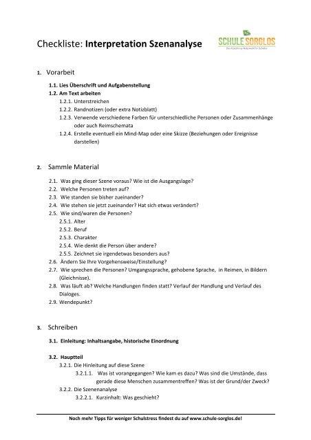 Checkliste: Interpretation Szenanalyse - Schule sorglos