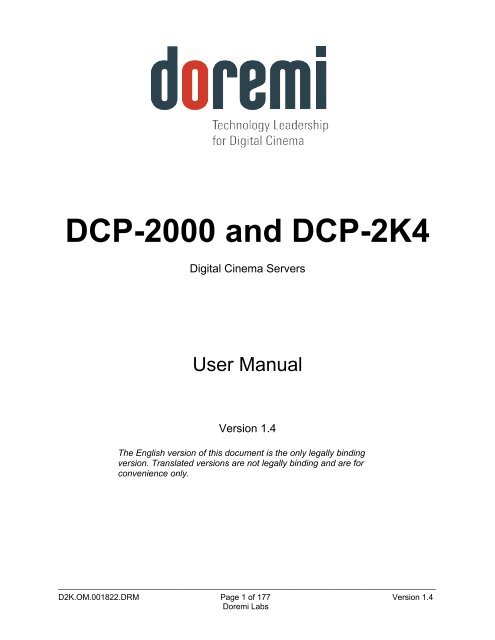DCP-2000 and DCP-2K4 User Manual - Doremi Labs