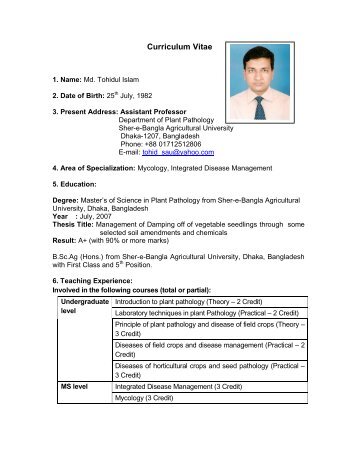 CV of Tohid - Plant Pathology - Sher-e-Bangla Agricultural University