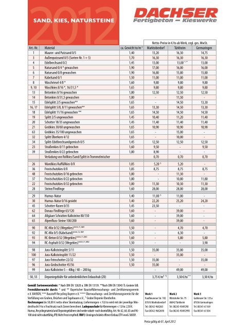 DACHSER PREISLISTE Dachser Preisliste