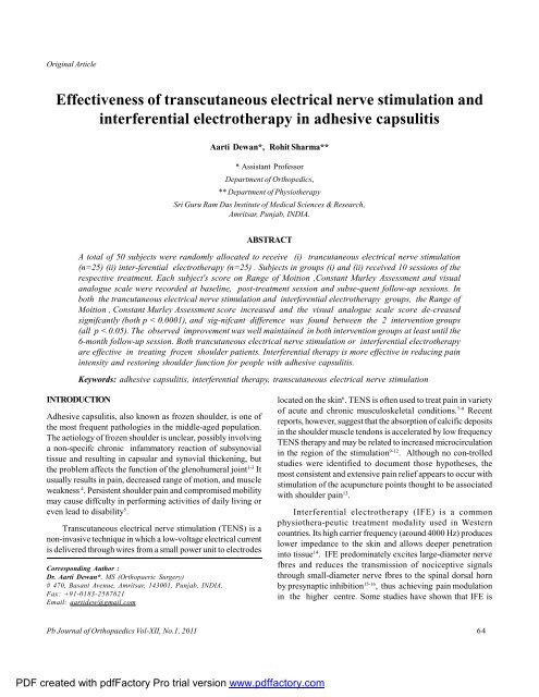 Effectiveness of transcutaneous electrical nerve stimulation - Punjab ...