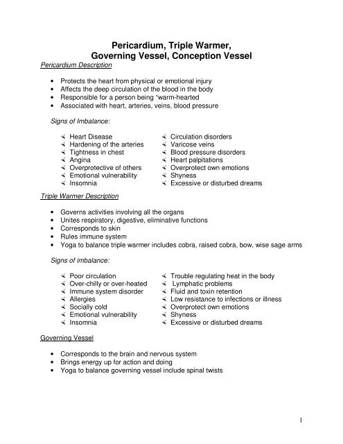 Pericardium, Triple Warmer, Governing Vessel, Conception Vessel