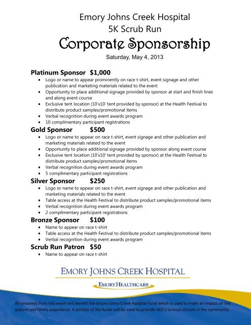 Download the sponsor level and form (PDF) - Emory Johns Creek ...