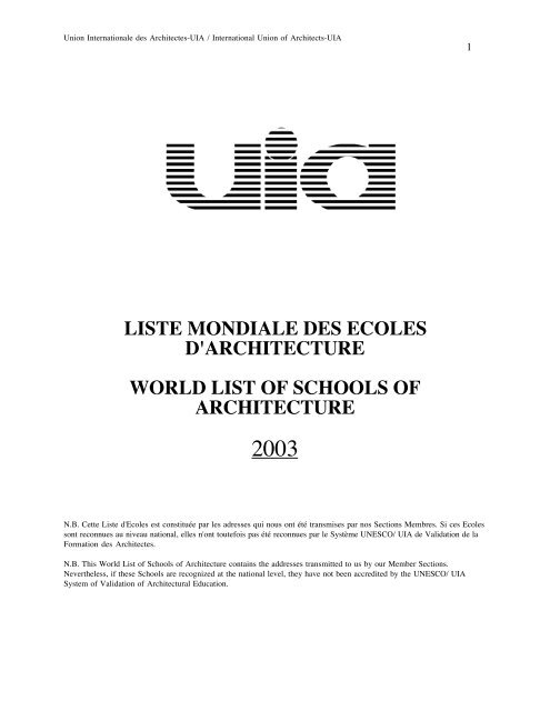 liste mondiale des ecoles d'architecture world list of schools of ...