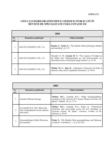 Lista lucrarilor stiintifice / tehnice publicate in reviste ... - GeoEcoMar