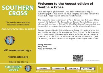 the August edition of Southern Cross. - District 73 Toastmasters