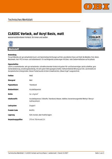 CLASSIC Vorlack, auf Acryl Basis, matt - Obi