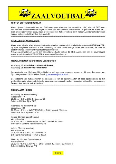 LAATSTE INDELING ZAALDIENSTEN Maart 2009 - sv BKC