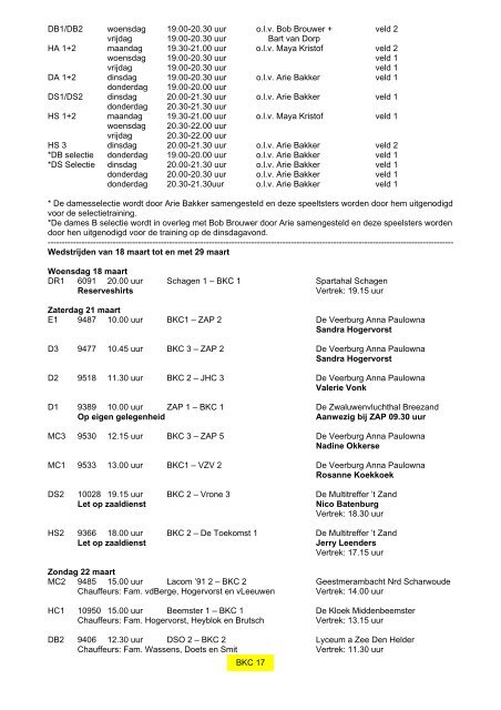 LAATSTE INDELING ZAALDIENSTEN Maart 2009 - sv BKC