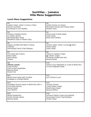 Jamaica Villa Menu Suggestions - Sun Villas