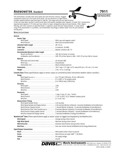 7911 ANEMOMETER, Standard - Davis Instruments Corp.