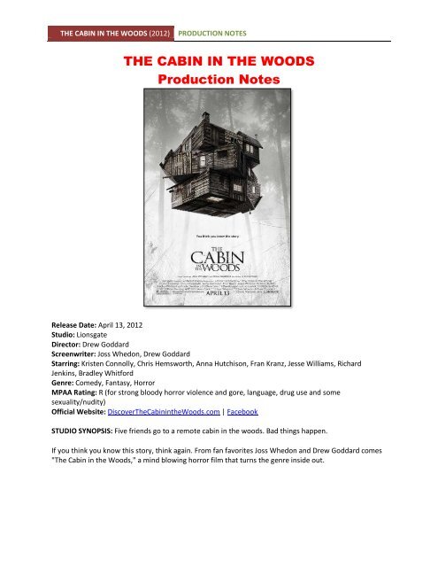 The Cabin In The Woods Production Notes Visual Hollywood