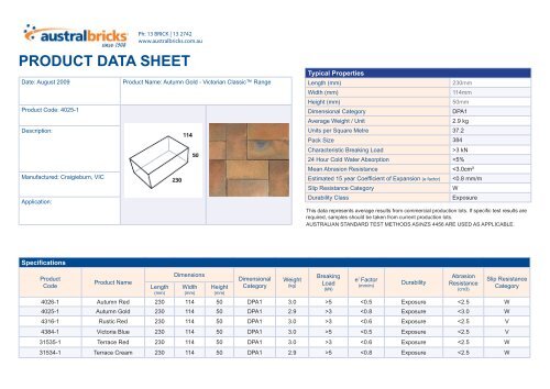 Classic Data Sheet - Shoalhaven Brick and Tile