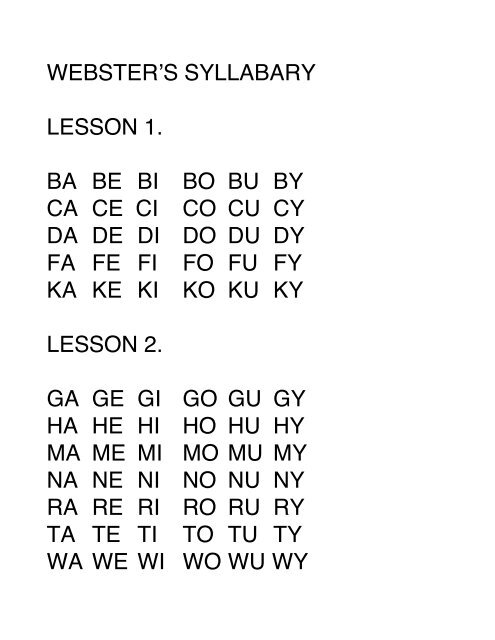 WEBSTERʼS SYLLABARY LESSON 1. BA BE BI BO BU BY CA CE ...